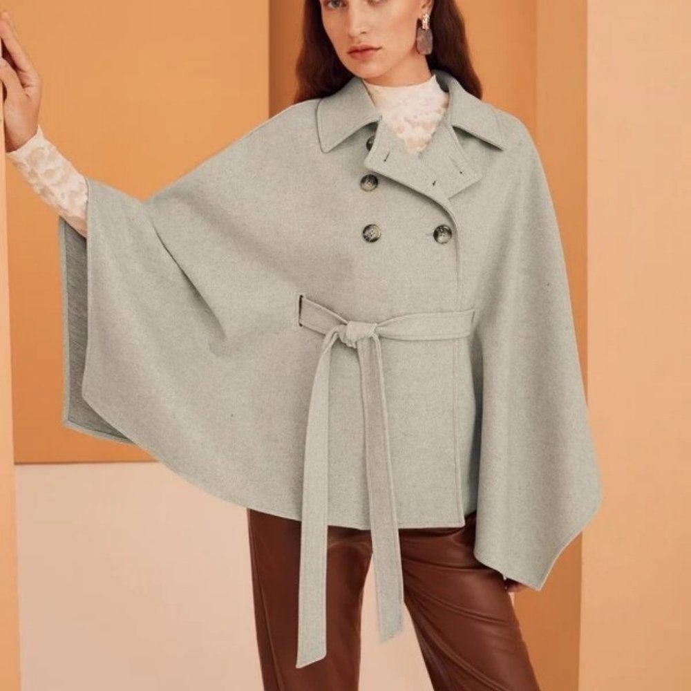 Double Breasted Cloak Sleeve Belted Jacket Cape Overcoat - Picture 3 of 9